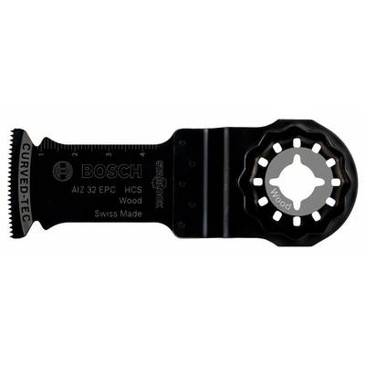 A black Bosch Starlock saw blade, model AIZ 32 EPC, specialised for wood. Manufactured in Switzerland.