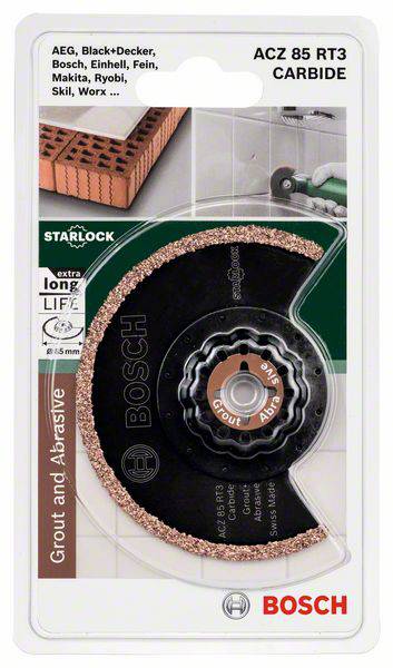 'Bosch ACZ 85 RT3' Starlock carbide-tipped segment saw blade for tile joints and abrasive materials in blister packaging.