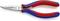 A curved needle-nose pliers with red and blue handles, manufactured by Knipex.