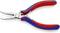 A red and blue pair of pliers with angled tips, suitable for precision work such as gripping small components.