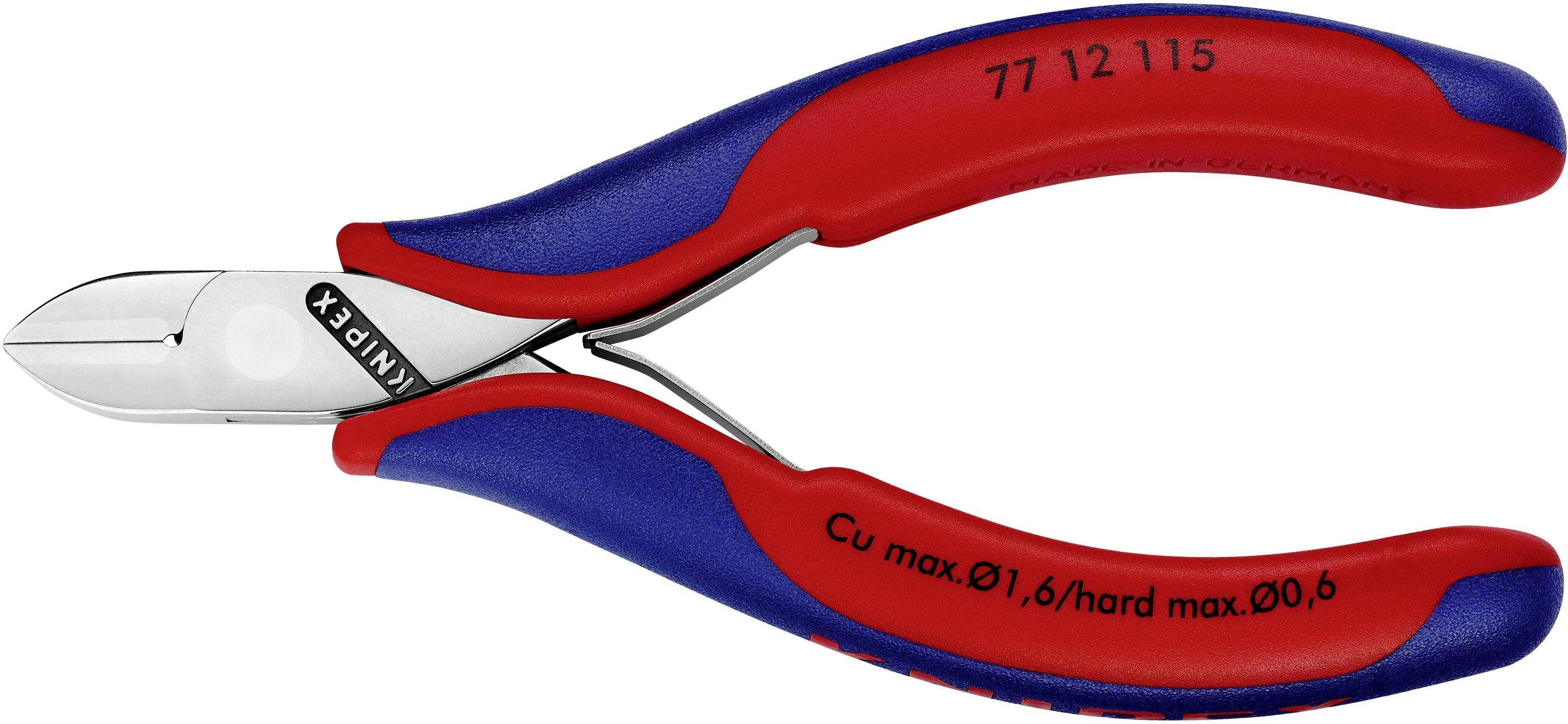 Wire cutters with red and blue handles. Labelling shows specifications and brand name. Suitable for cutting wire.