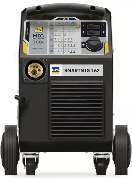 Portable welding machine with a digital control panel, labeled 'SMARTMIG 162'. Features knobs, settings display, and connector ports.