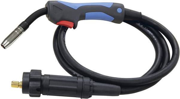 A welding torch with a blue handle and a coiled black cable lying on a white background.