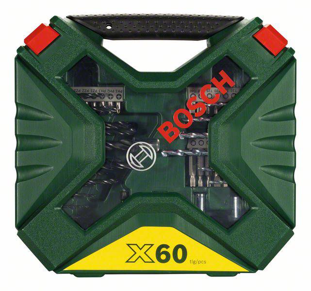 'Green Bosch toolbox with drill and screwdriver accessories, Model X60, featuring a carry handle and red latches.'