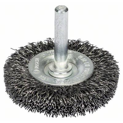 Wire brush attachment with metal bristles and cylindrical shaft, suitable for power drills. Ideal for rust removal and cleaning.