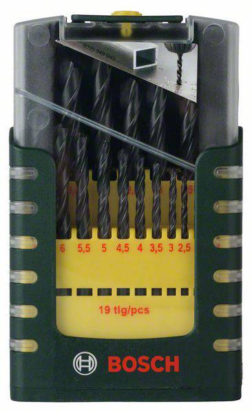 'Bosch Drill Bit Set, 19-piece, various sizes from 1 mm to 10 mm, in green storage box, suitable for metal and wood.'