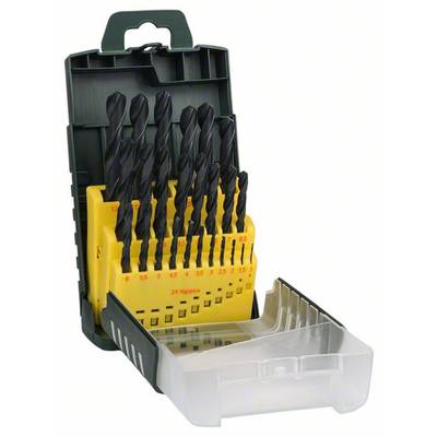 'Set of 19 metal drill bits in various sizes in a black and yellow storage box with a transparent lid.'