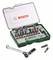 A Bosch tool set with a ratchet, various socket wrenches and screwdriver bits in a green, open case.