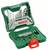A green Bosch toolbox with various drills and bits. The drills are arranged by size.