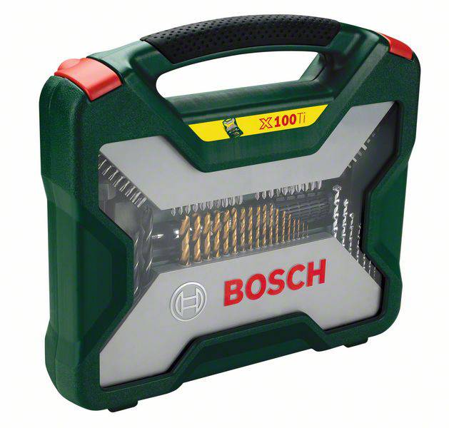 Green Bosch case with a transparent lid containing various drill bits and driver bits. Labelled 'X100Ti'.
