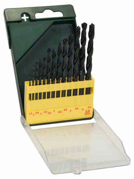 Drill bit set in a stepped holder ranging from 1.5 mm to 13 mm, presented in an open plastic case.