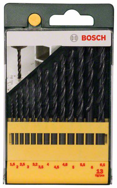 Drill bit set with 13 different sizes ranging from 1.5 to 6.5 mm in a yellow holder. Brand name at top right.