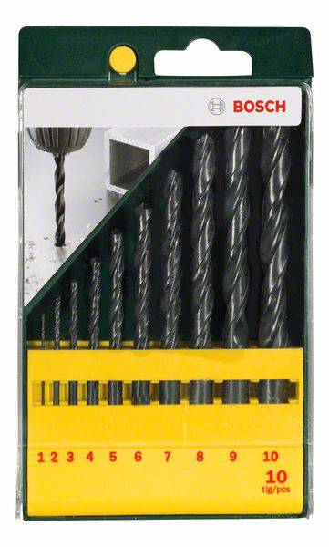 A set of ten Bosch drill bits in various sizes from 1 to 10 mm, packed in a green and yellow plastic box.