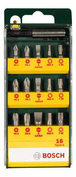 'Bosch 16-piece Bit Set.' Contains various screwdriver bits in a plastic case. Suitable for different screwdriving tasks.