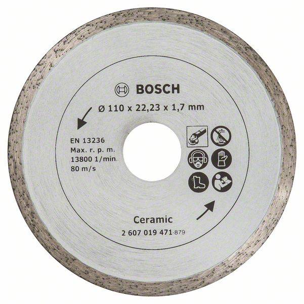 Bosch circular saw blade, 110 mm, for ceramics. Maximum rotational speed: 13,800 rpm, speed: 80 m/s, with safety symbols.