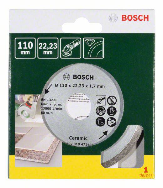 Bosch cutting disc for ceramic, diameter 110 mm, thickness 1.7 mm. Packaging shows application on tiles.