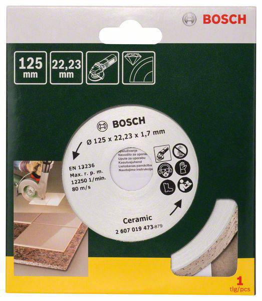 Packaging for a Bosch Diamond Cutting Disc for Ceramic, 125 mm diameter, 22.23 mm bore, with pictograms for application and safety instructions.