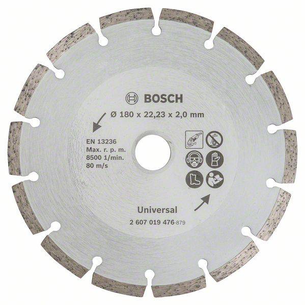 A silver Bosch universal diamond disc with the specification 'Ø 180 x 22.23 x 2.0 mm'. Safety instruction symbols.