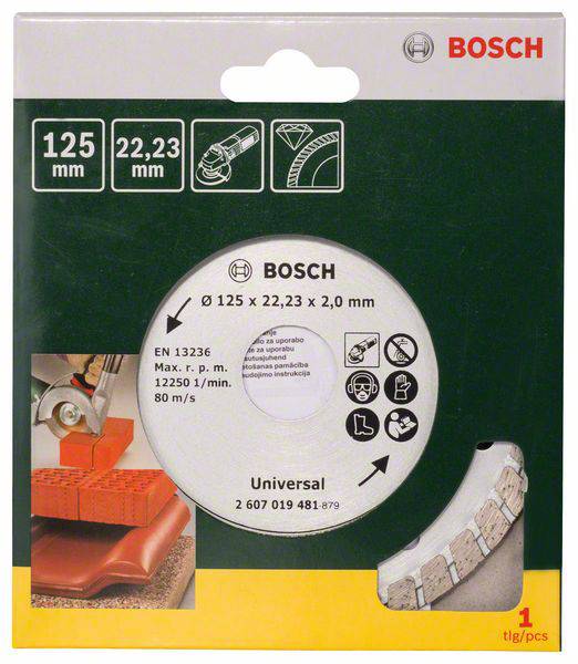 'Bosch Universal Cutting Disc', 125 mm diameter, 22.23 mm bore, 2 mm thick, suitable for various materials. Packaging shows application examples.