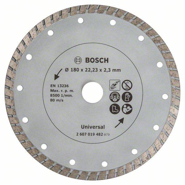 A silver, round Bosch cutting disc with a zigzag pattern around the edge. Inscription shows diameter (180 mm) and speed (8,500 rpm).