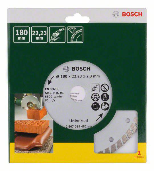 A Bosch cutting disc for angle grinders. Size 180 mm. Suitable for stone and metal work. Packaging shows illustrations of application.