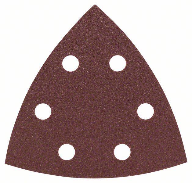 Brown, triangular sandpaper with six holes for an electric sanding machine.