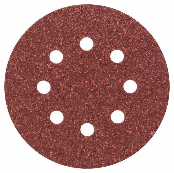 Round sanding paper attachment with eight symmetrically distributed holes for fixing to a sanding device.