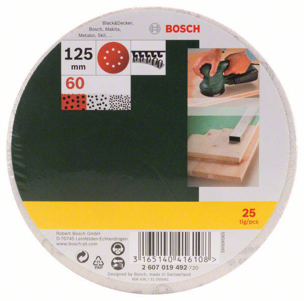 'Bosch disc pack, 125 mm diameter, 60 grit, pack of 25. Suitable for Bosch, Makita, Metabo. With image of a grinding disc in use.'