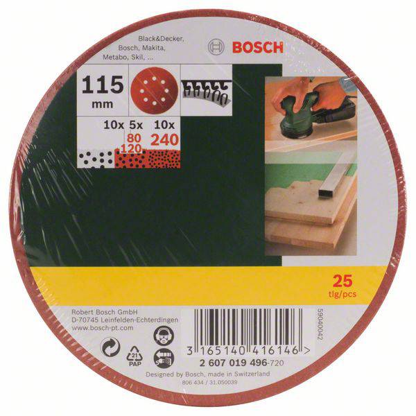 Round sanding disc, 115 mm, suitable for various brands. Contains sanding paper with different grits: 80, 120, 240. Pack of 25 pieces.