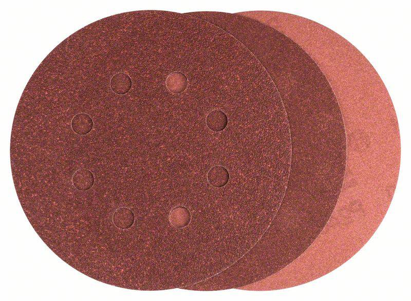 Three red grinding discs in different granulation, partially overlapping. The top disc has six holes.
