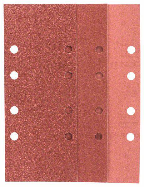 'Red sandpaper sheet with six holes along the edge, various grades, suitable for hand or machine sanding.'