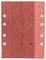 'Red sandpaper sheet with six holes along the edge, various grades, suitable for hand or machine sanding.'