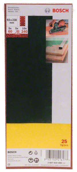'Sanding Sheet Set, Bosch, 93 x 230 mm, 25 Pieces, Grits: 60, 80, 240. Suitable for Wood, Image of a Woodworking Project.'