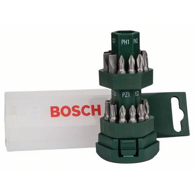 'Bosch screwdriver bit set, 10-piece, with green holder and transparent case. Various sizes and shapes visible.'