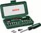 Green tool box with Bosch brand, containing various bits and a screwdriver handle.
