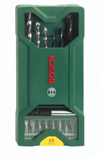'Bosch drill set, 15-piece, green box, various drill bit sizes visible, brand name in red on the box.'