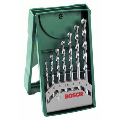 Green Bosch drill bit set with eight metal drill bits in various sizes from 3 to 8 mm, arranged in an angled, upright holder.