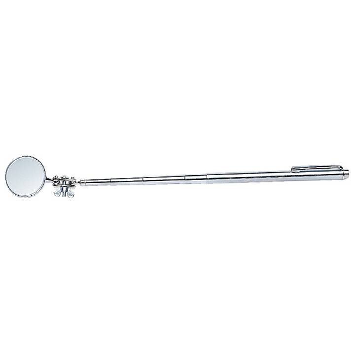 Telescopic mirror with a circular, pivoting reflective surface on an extendable handle; used for viewing hard-to-reach areas.