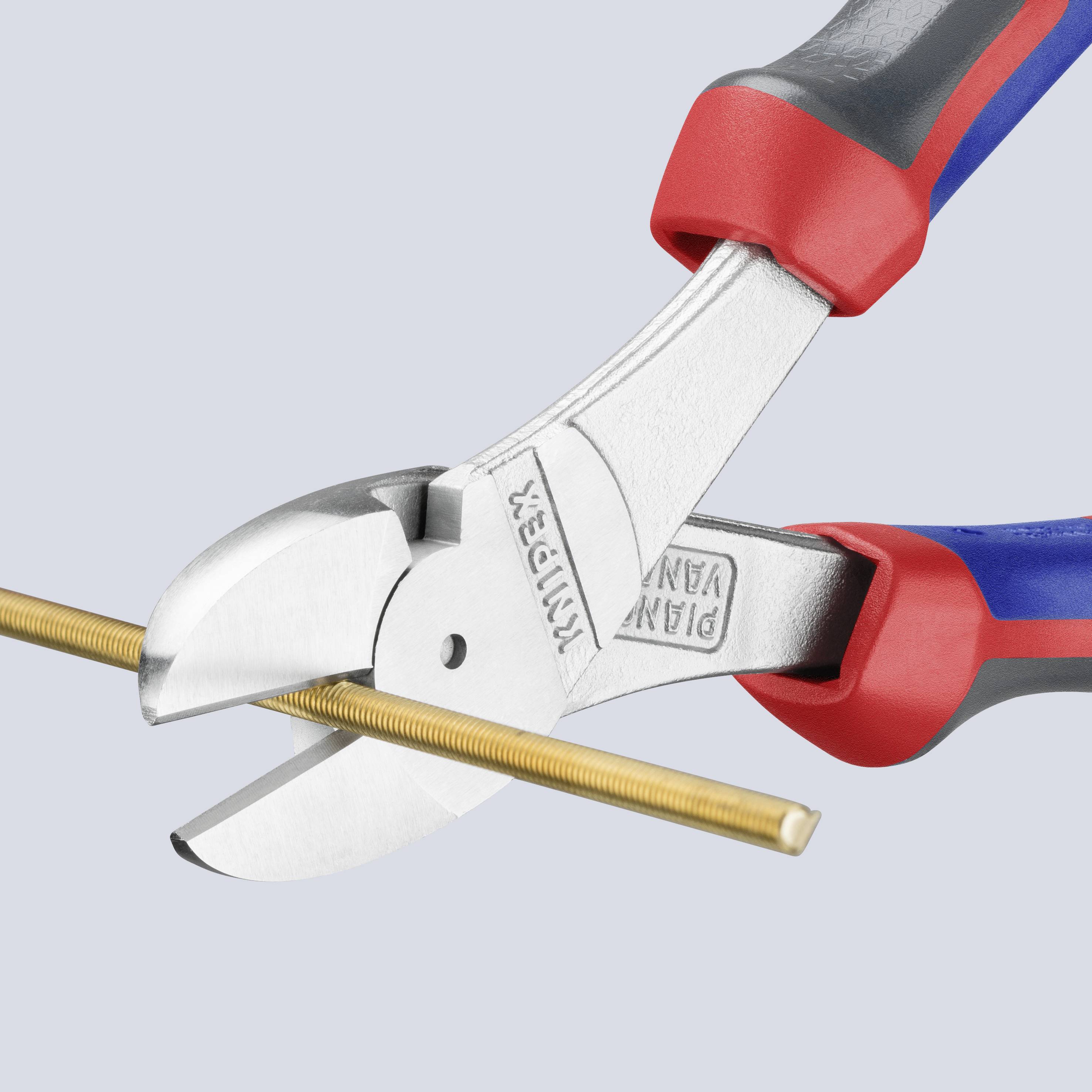 A pair of pliers cuts a wire. The handle is red and blue.