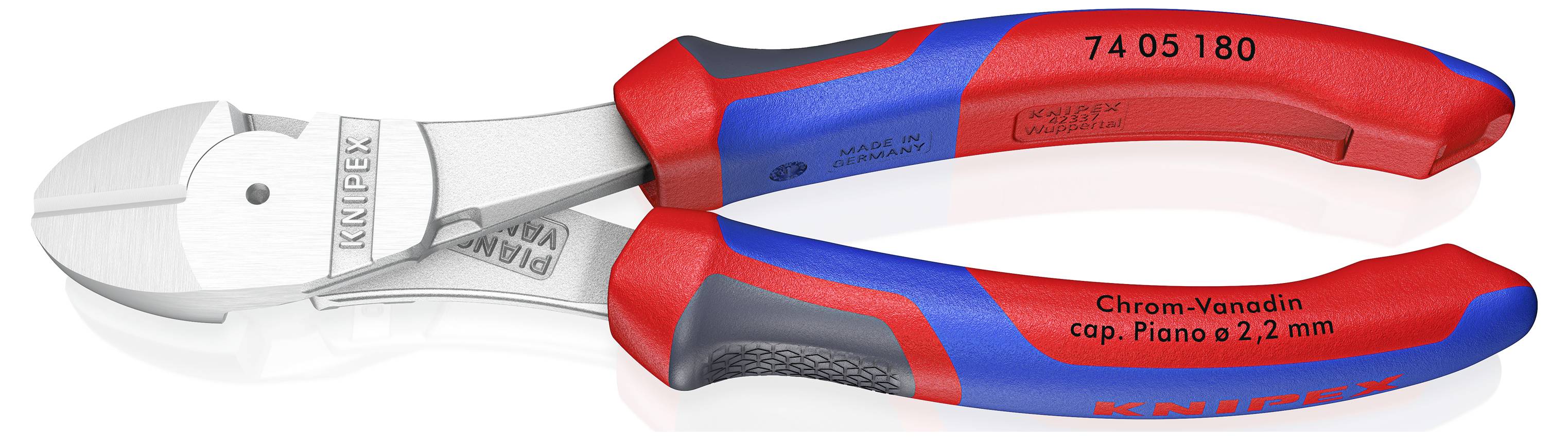 Side cutting pliers with red and blue handles, made from chrome vanadium steel. Suitable for piano wire up to 2.2 mm diameter.
