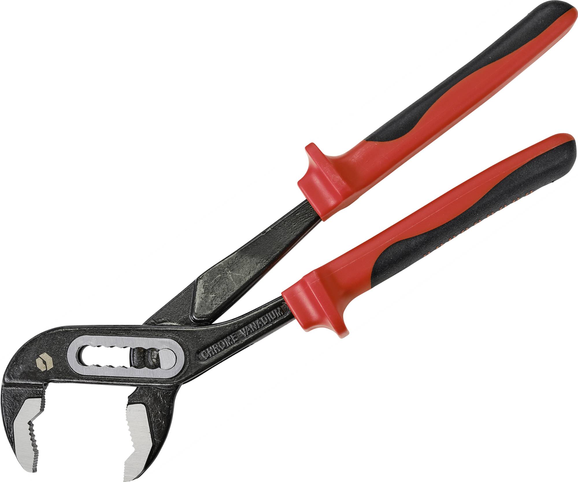 A water pump pliers with a red and black handle. Suitable for gripping and turning pipes or fittings.