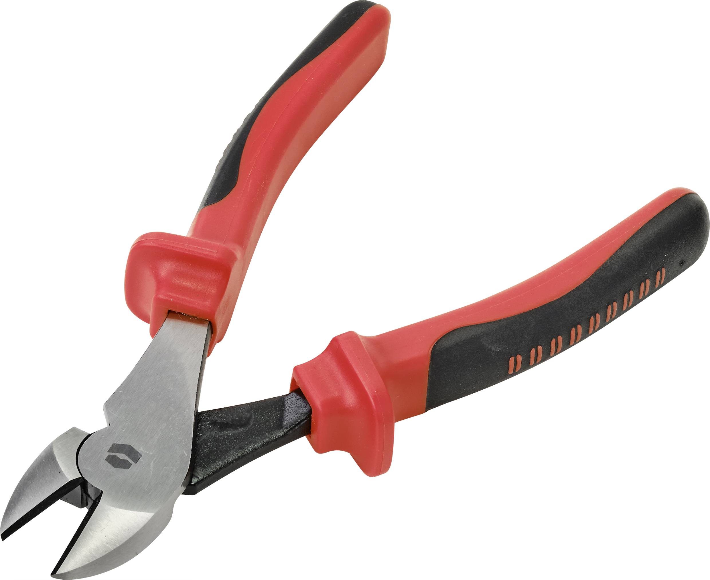 A red and black side cutters with insulated handles, suitable for cutting wires or cables.