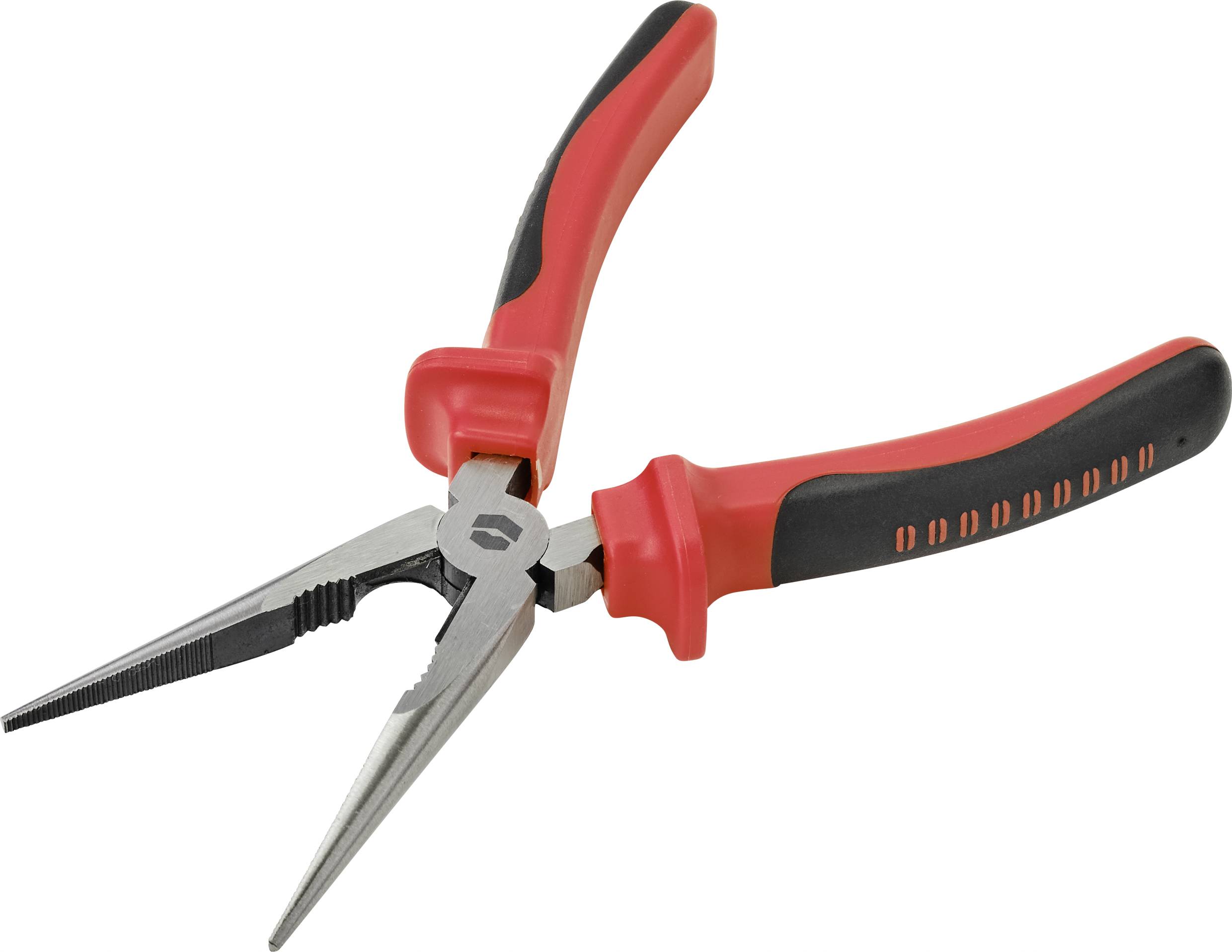 A red and black needle-nose pliers with ribbed handles and long, narrow jaws, suitable for precise work and wire bending.
