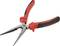 A red and black needle-nose pliers with ribbed handles and long, narrow jaws, suitable for precise work and wire bending.