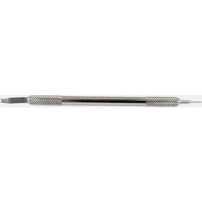 A chrome-plated cylindrical tool with a cutting blade at one end and a narrow, round handle at the other end.