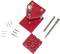 Red watchmaker's tool set with holder, screwdrivers, pins and punch plate, for fine adjustment of watch movements.