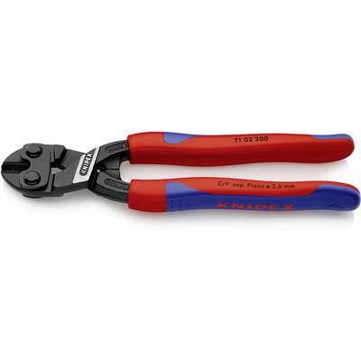 A red and blue Knipex bolt cutter, suitable for cutting piano wire up to 3.6 mm.