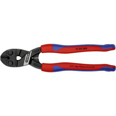 Bolt cutters with red and blue handles, suitable for processing C-V cap. Piano up to 3.6 mm, with KNIPEX logo.