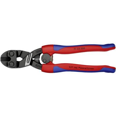 A red and blue mini bolt cutter pliers with black-coated metal jaws, suitable for wire up to 3.6 mm in diameter.