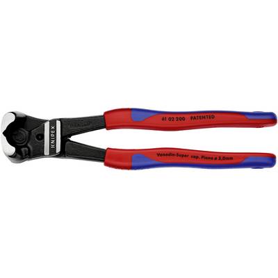 Side cutters made of metal with red and blue handles. Marking shows 'Knipex', '61 02 200', 'Patented' and 'Vanadium-Super cap.'